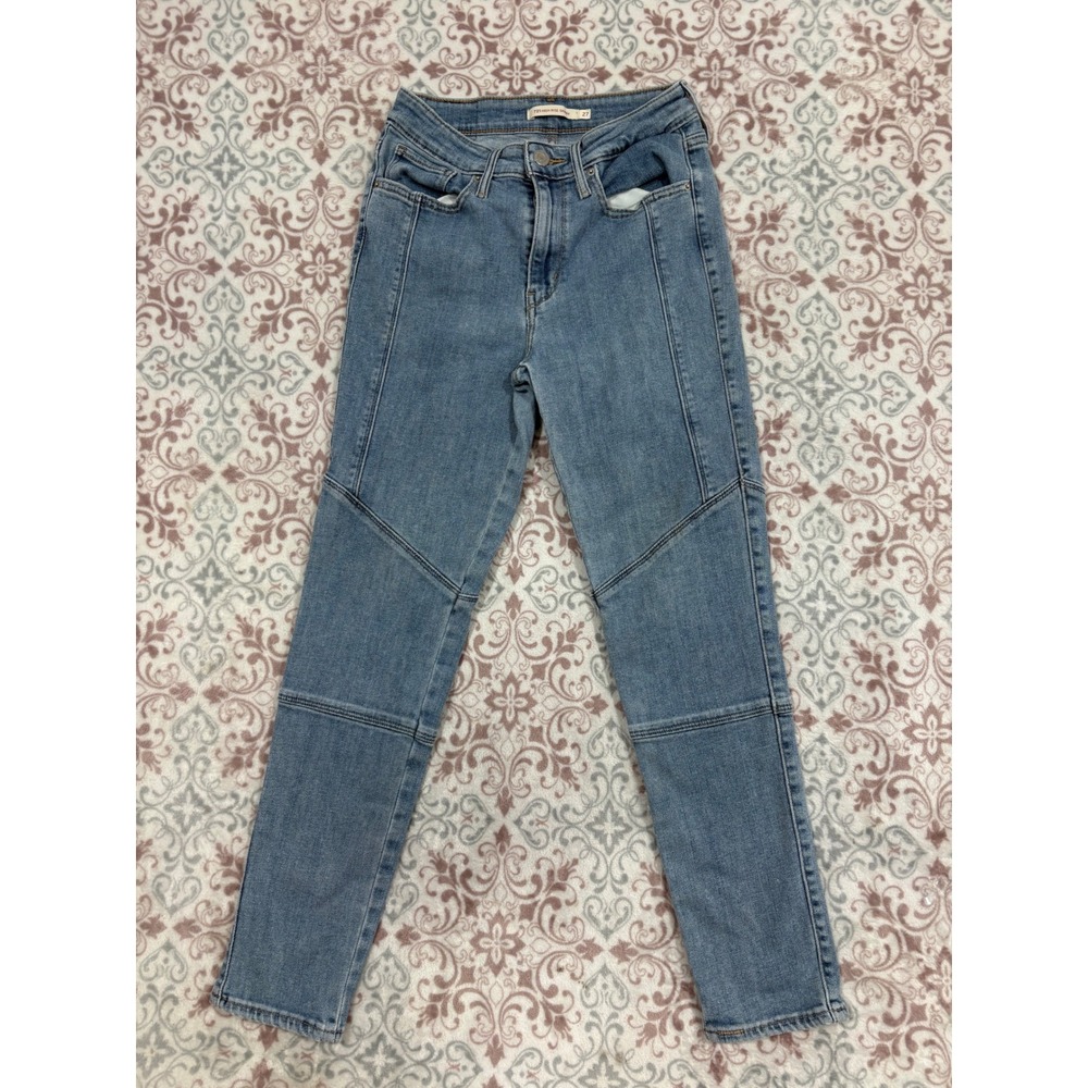 Levis 721 High Rise Skinny Jeans Womens 27 Medium Wash Blue Seam Moto Detail
